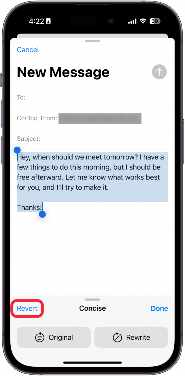 iphone mail app, new email screen displaying concise writing tools menu with a red box around revert button