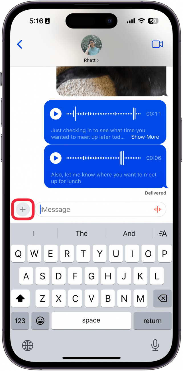 iphone messages app with a red box around plus icon