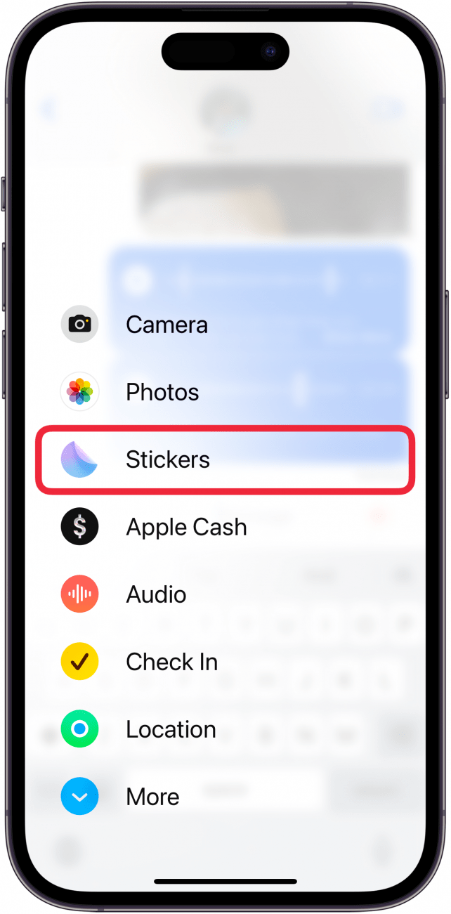 iphone messages app with a red box around stickers