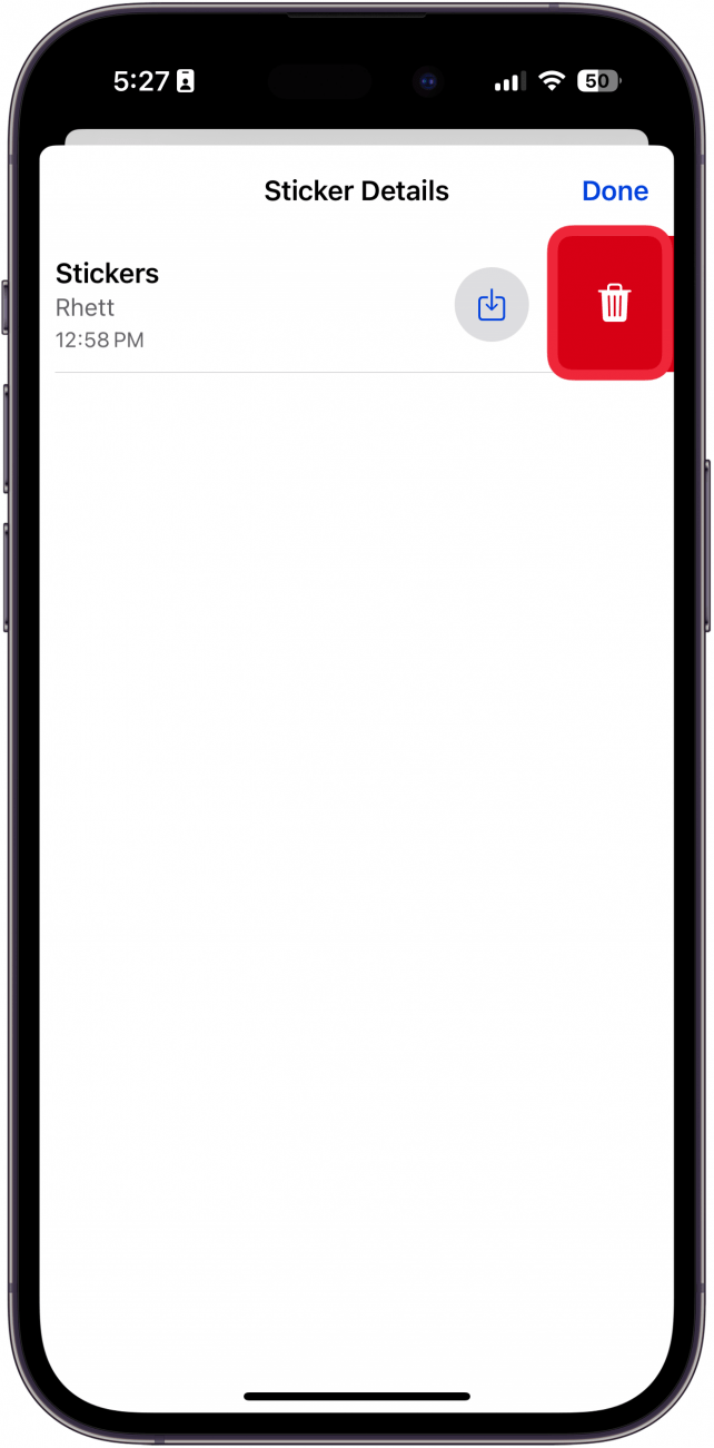 iphone messages app sticker menu with a red box around delete button