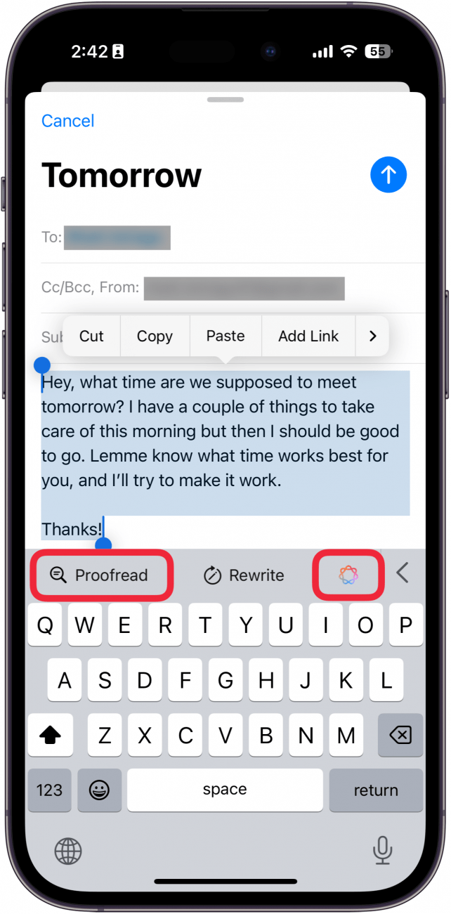 iphone new email screen displaying highlighted text and red boxes around the proofread button and apple intelligence button