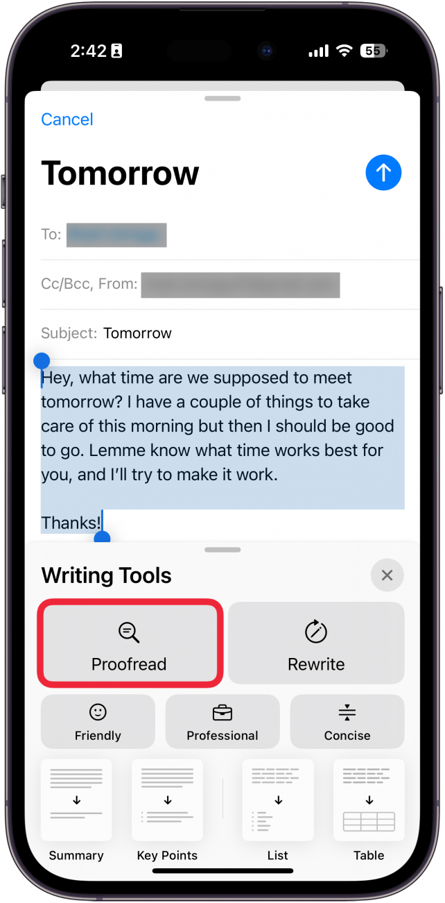 iphone new email screen displaying apple intelligence writing tools menu with a red box around proofread