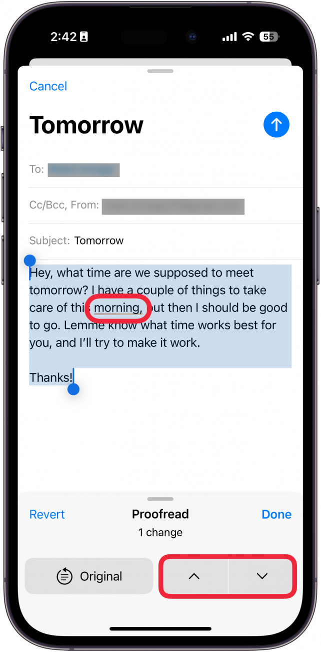 iphone new email screen displaying apple intelligence proofreading tool with a red box around an underlined word and a red box around up and down arrows