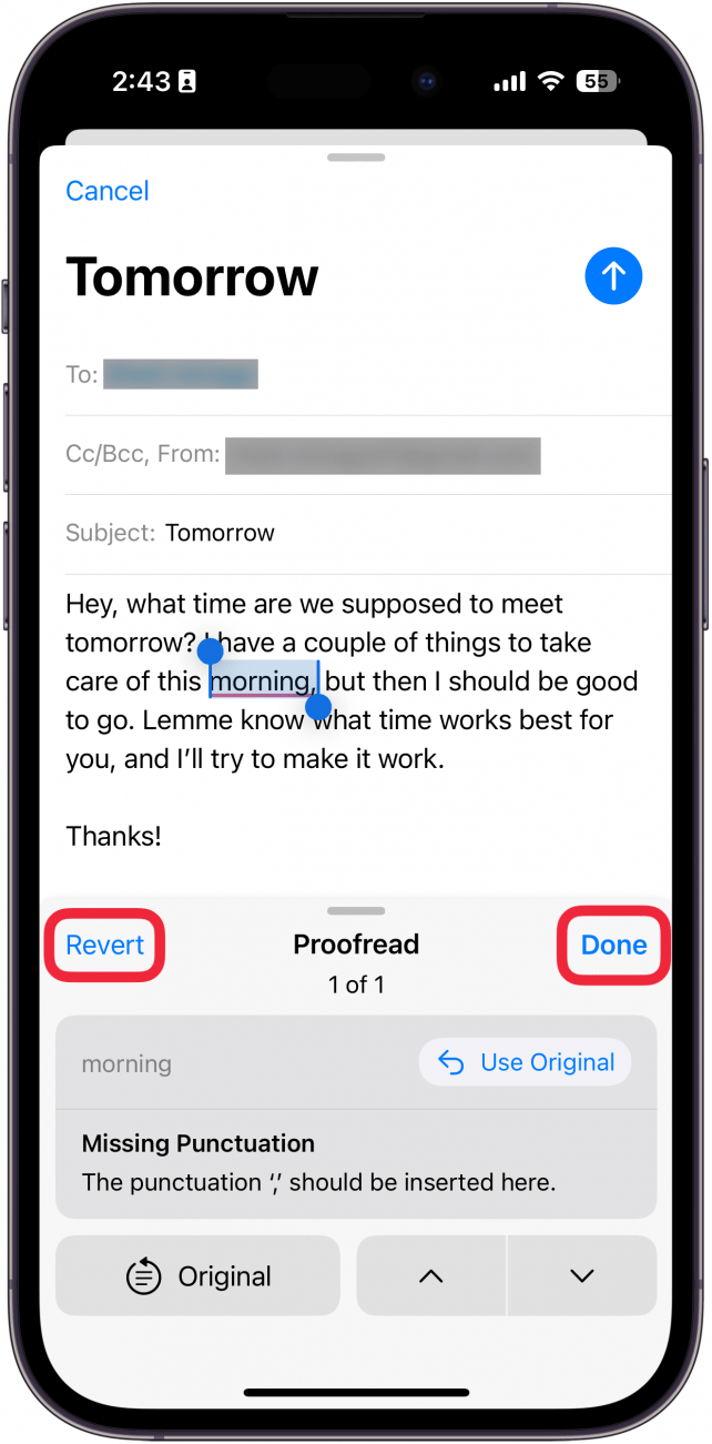 iphone new email screen displaying apple intelligence proofreading tool with a red box around revert button and a red box around done button