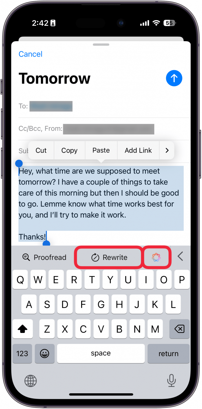 iphone new email screen displaying highlighted text and red boxes around the rewrite button and apple intelligence button