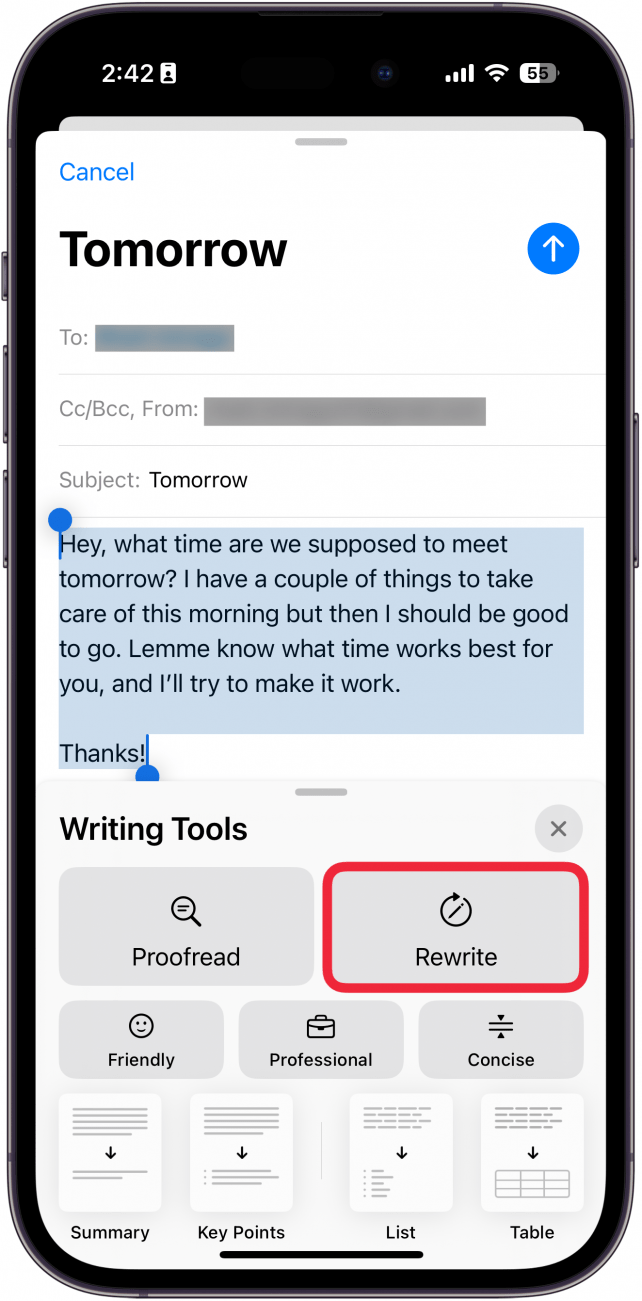 iphone new email screen displaying apple intelligence writing tools menu with a red box around rewrite