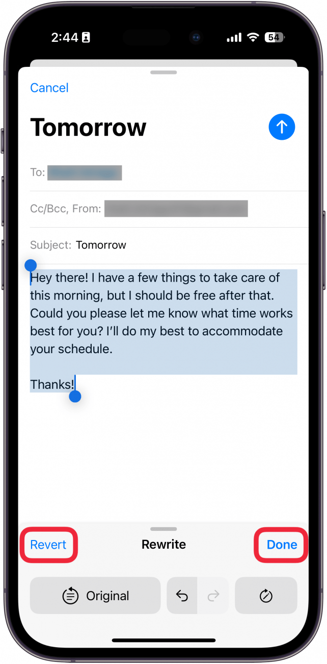 iphone new email screen displaying apple intelligence rewrite tool with red boxes around revert and done buttons