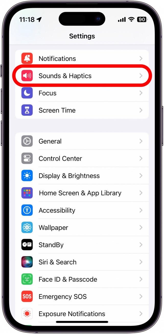 iphone settings screen with sounds & haptics circled in red