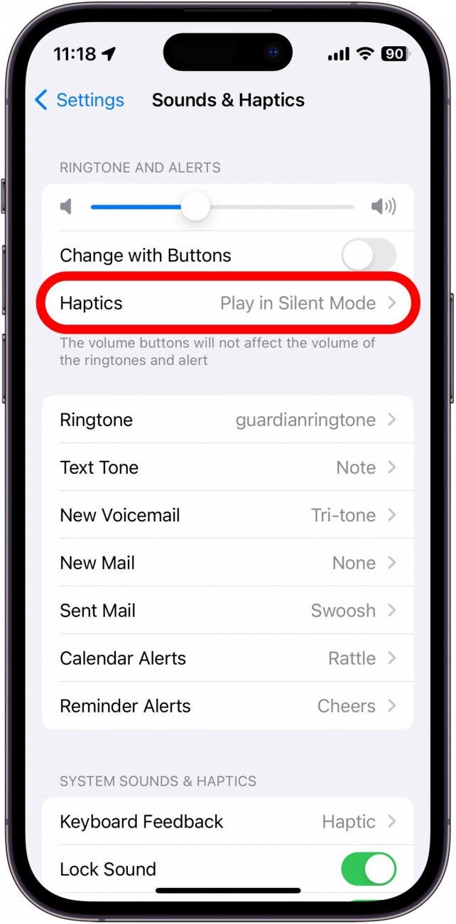 iphone sounds and haptics settings with haptics circled in red