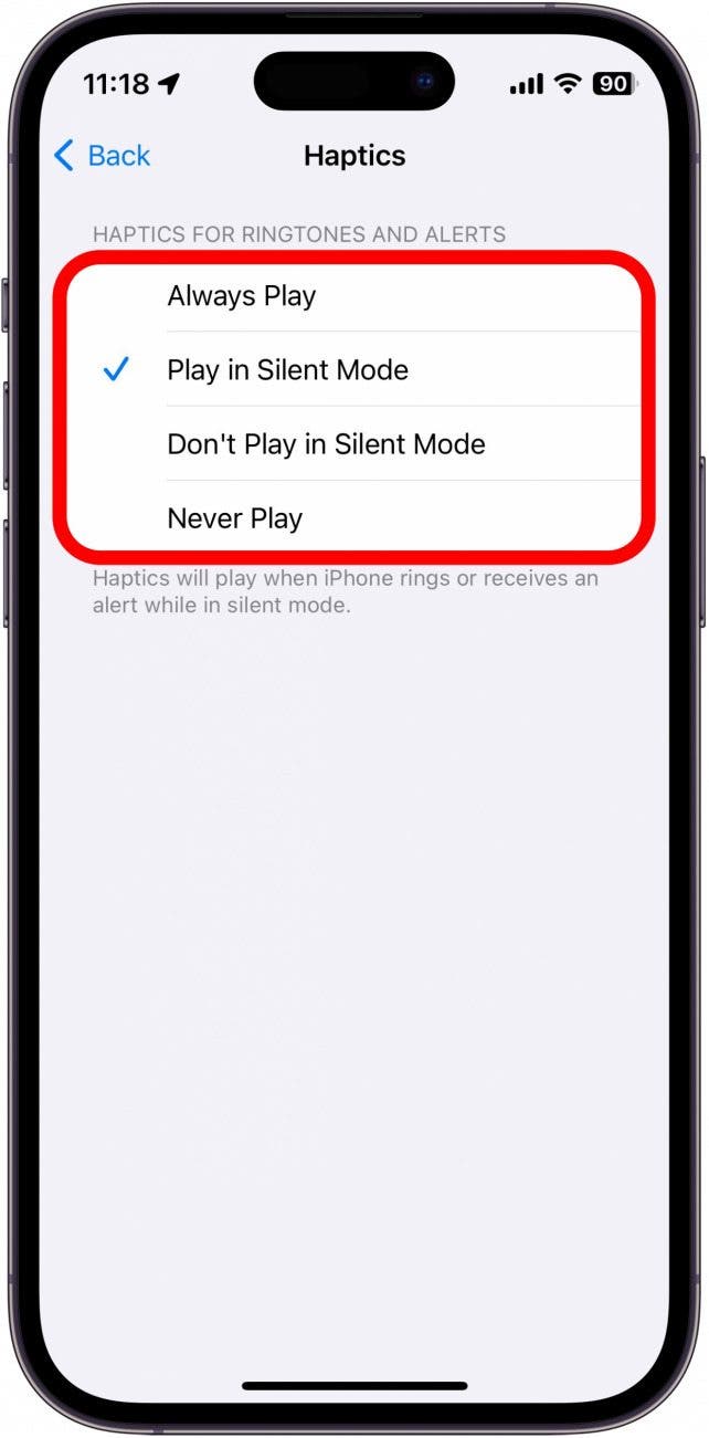 iphone haptics settings showing multiple options: Always Play, Play in Silent Mode, Don't Play in Silent Mode, or Never Play