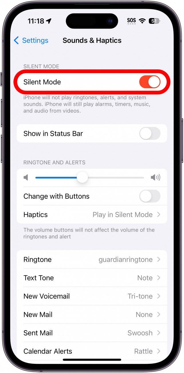 iphone 15 sounds and haptics settings with silent mode toggle circled in red