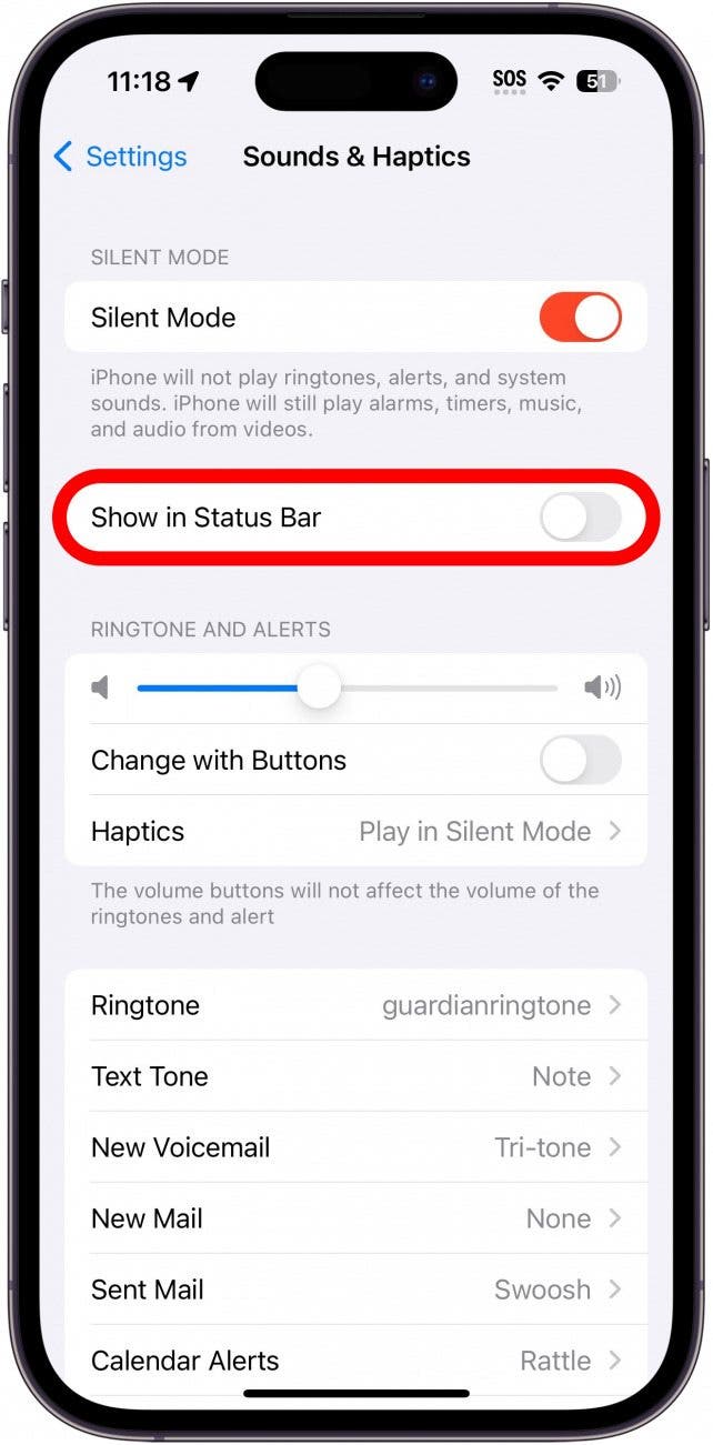 iphone 15 sounds and haptics settings with status bar icon toggle circled in red