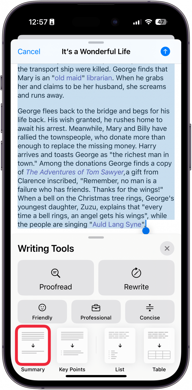 iphone mail app, new email screen displaying writing tools menu with a red box around summary