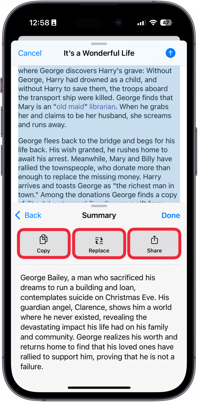 iphone mail app, new email screen displaying writing tools summary menu with red boxes around copy, replace, and share buttons