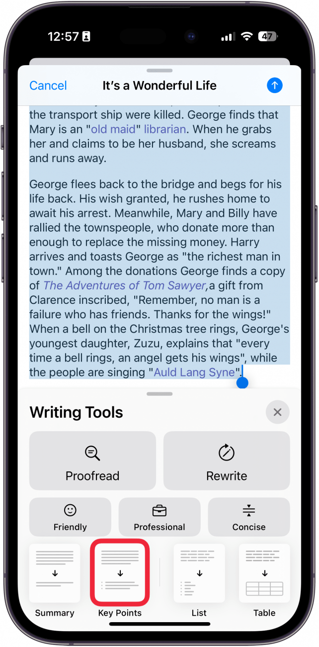 iphone mail app, new email screen displaying writing tools menu with a red box around key points