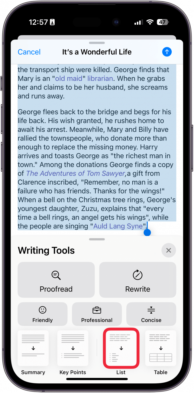 iphone mail app, new email screen displaying writing tools menu with a red box around list