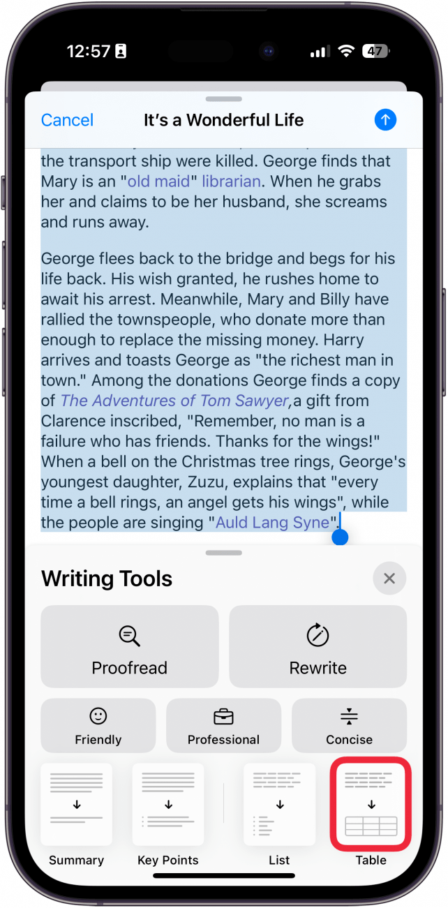 iphone mail app, new email screen displaying writing tools menu with a red box around table button