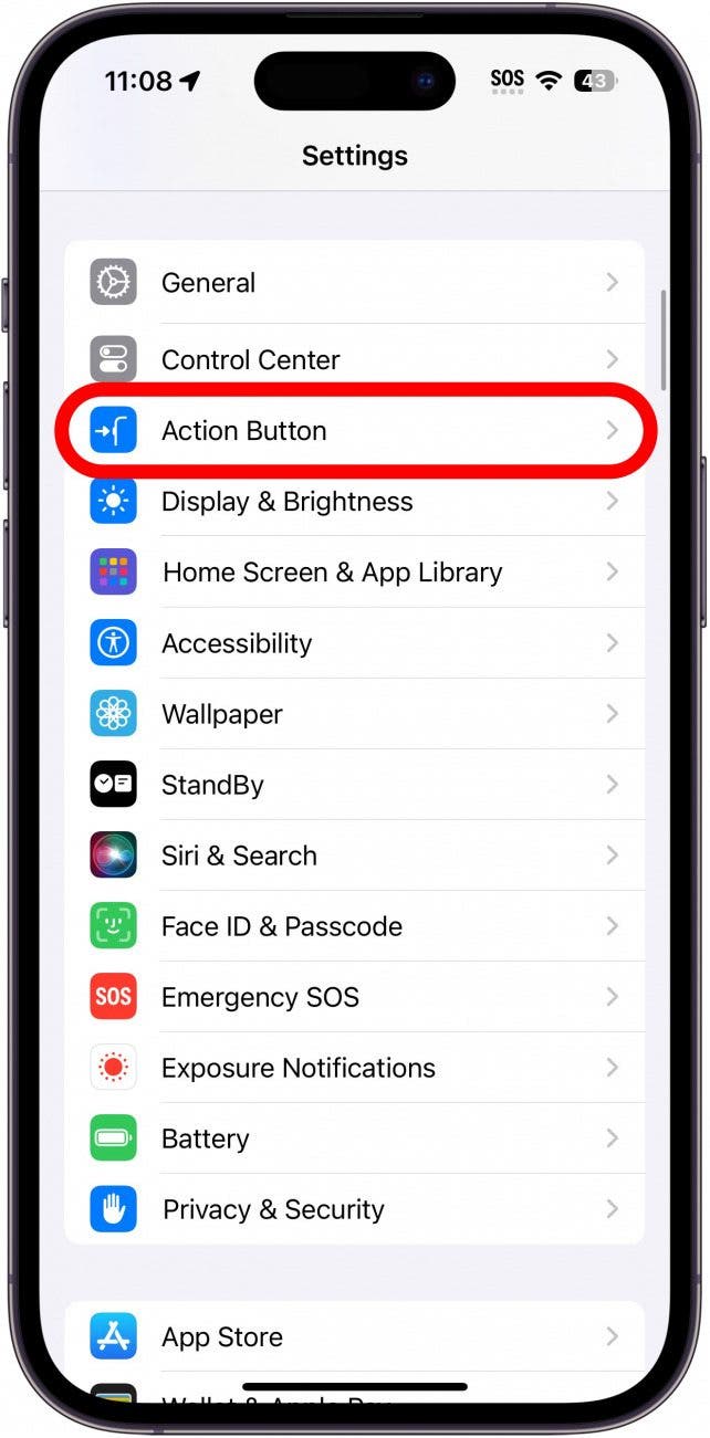 iphone settings with action button option circled in red