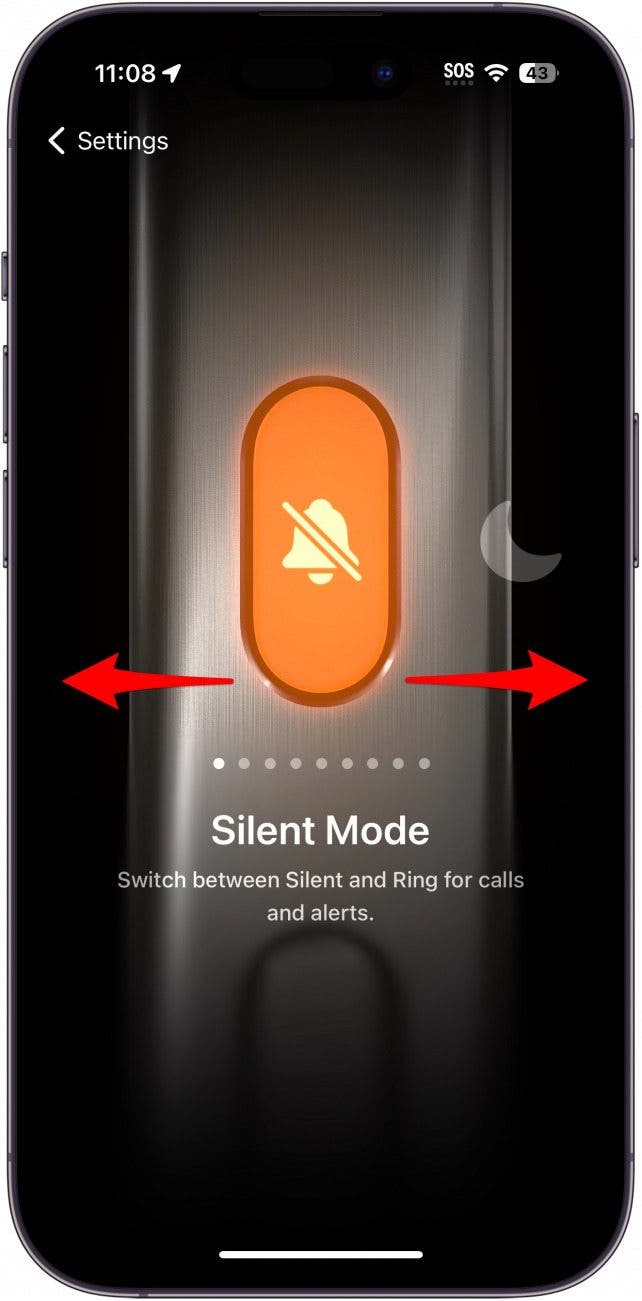 iphone action button settings showing the Silent mode setting with red arrows pointing left and right, indicating to swipe