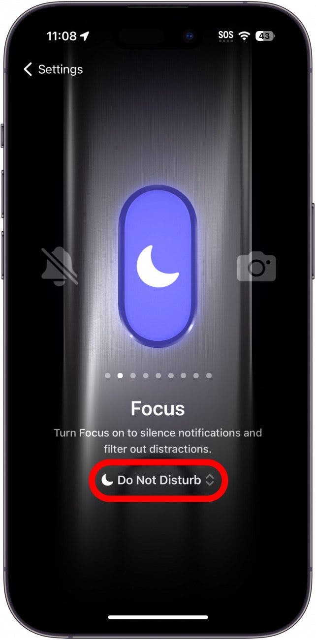 iphone action button settings showing the Focus setting with a red circle around Do Not Disturb