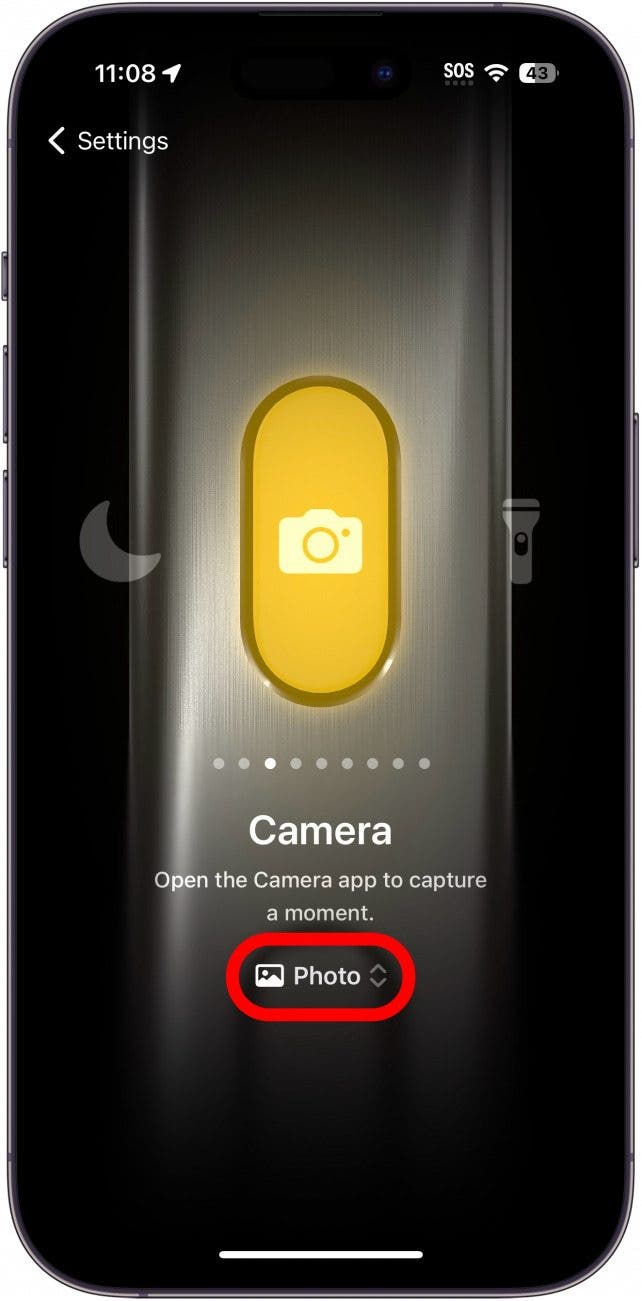 iphone action button settings showing the camera setting with Photos circled in red