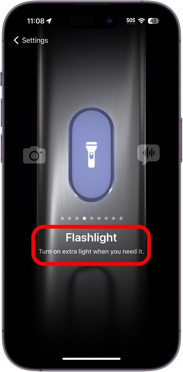 iphone action button settings showing the flashlight setting with a red circle around the description