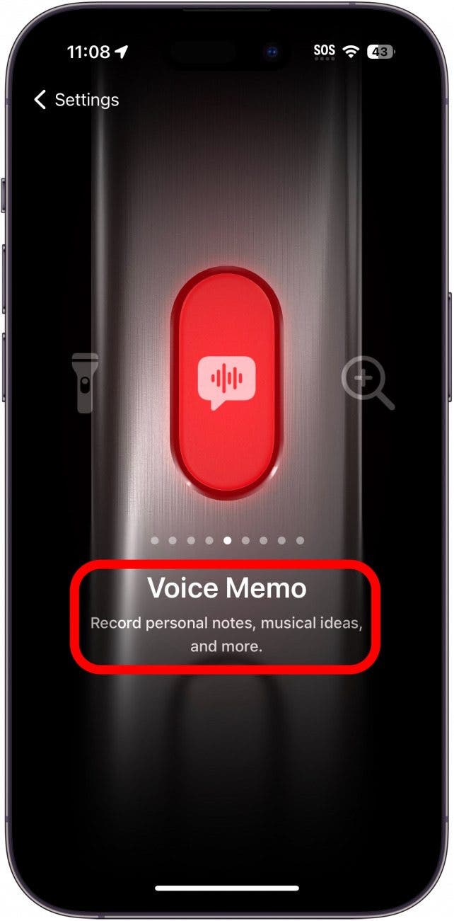 iphone action button settings showing the voice memo setting with a red circle around the description