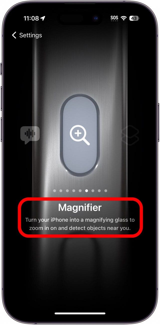 iphone action button settings showing the magnifier setting with a red circle around the description