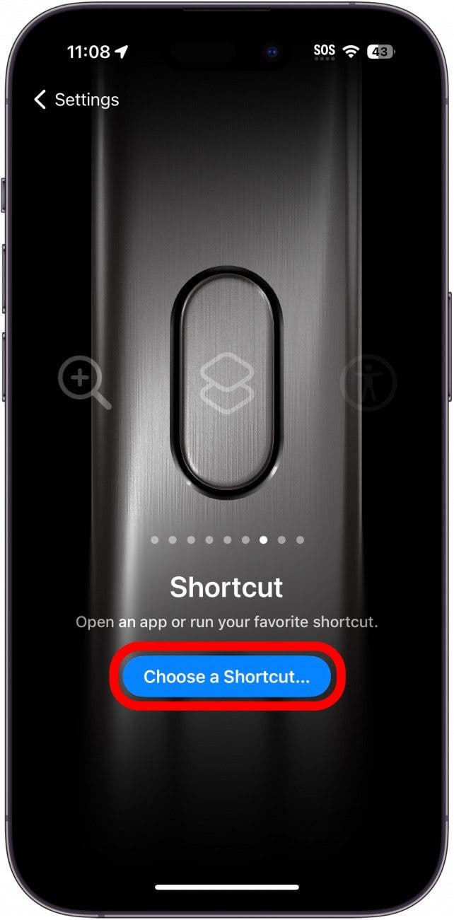 iphone action button settings showing the Shortcut setting with a red circle around choose a shortcut