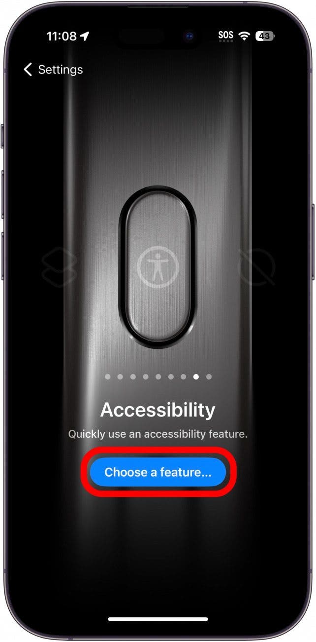 iphone action button settings showing the accessibility setting with a red circle around choose a feature