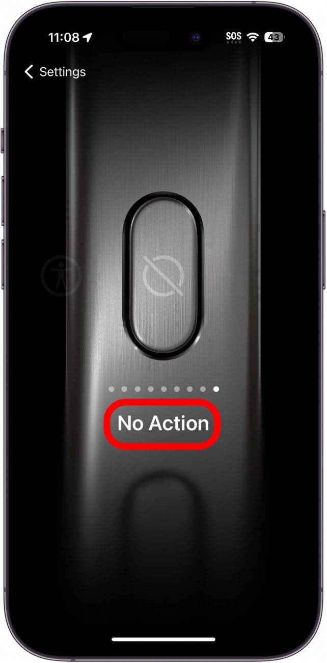 iphone action button settings showing the no action setting with a red circle around it