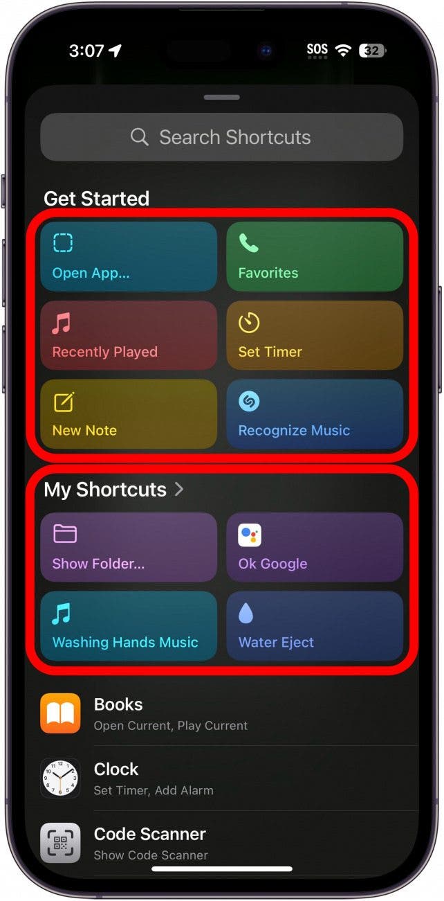 iphone action button settings showing the different shortcuts one can choose, with a red circle around each section