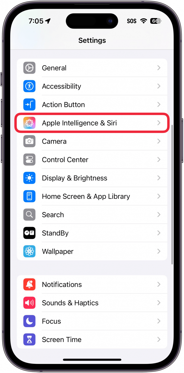 iphone settings with a red box around apple intelligence and siri