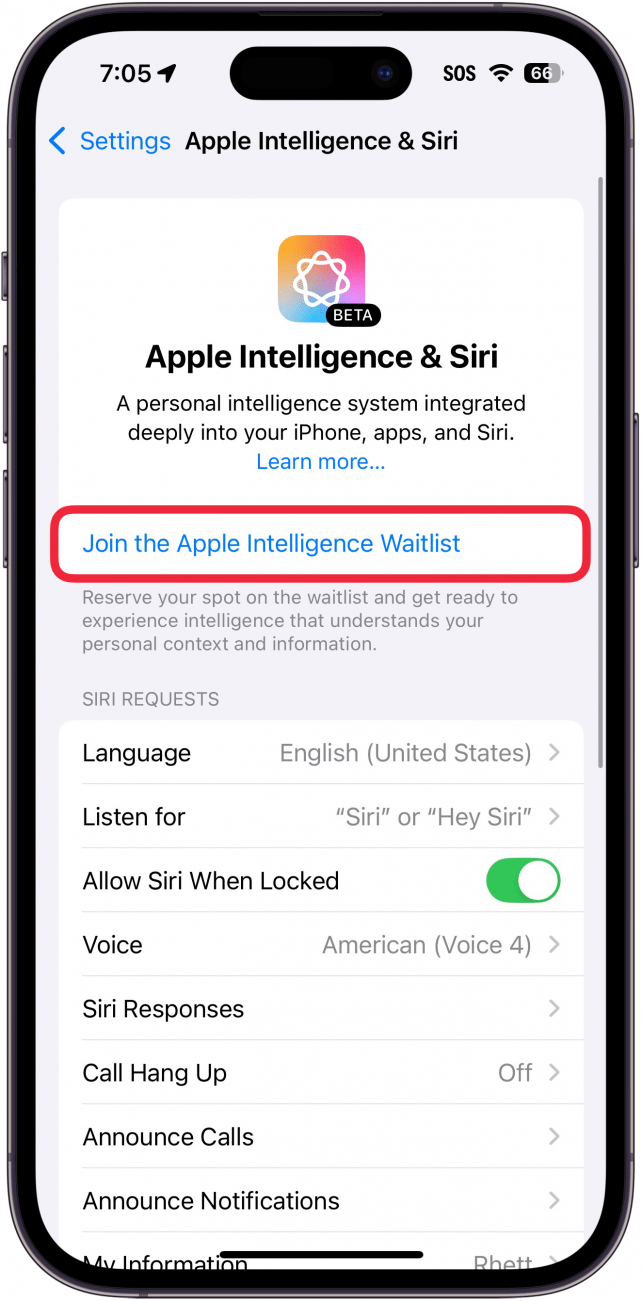 iphone apple intelligence and siri settings screen with a red box around join apple intelligence waitlist