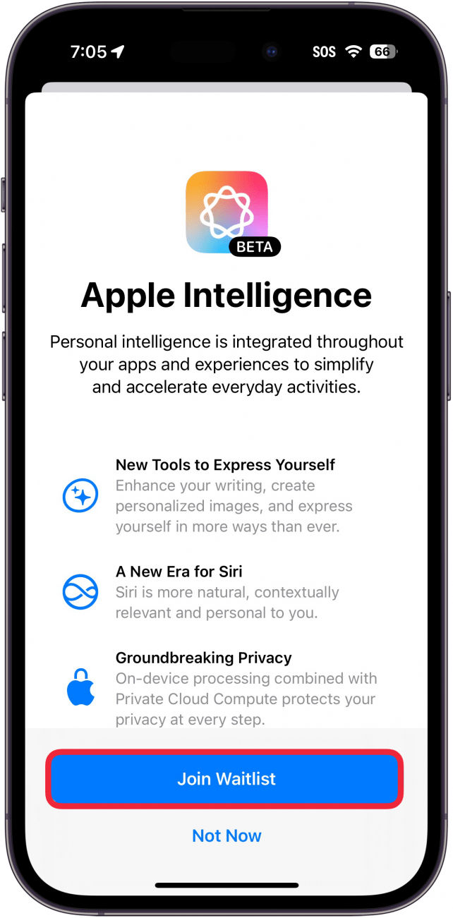 iphone apple intelligence and siri settings displaying a pop up with an explanation about apple intelligence, and a red box around the join waitlist button