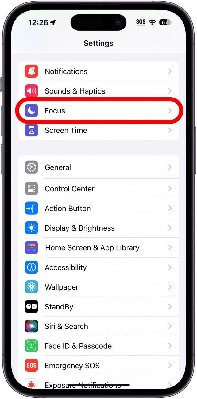 iphone settings with focus option circled in red