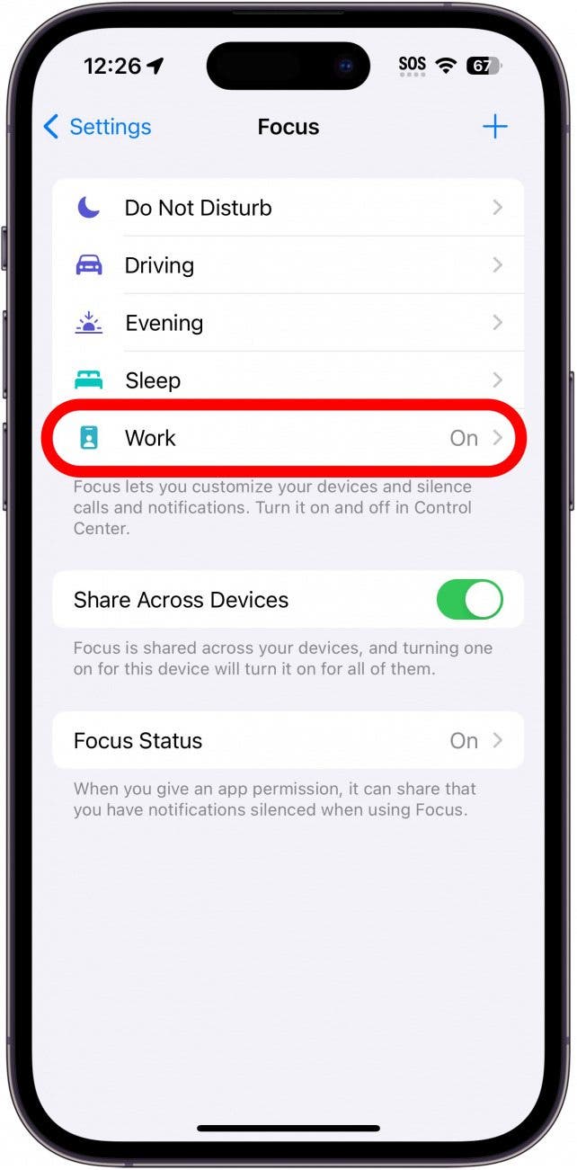 iphone focus settings with work focus circled in red