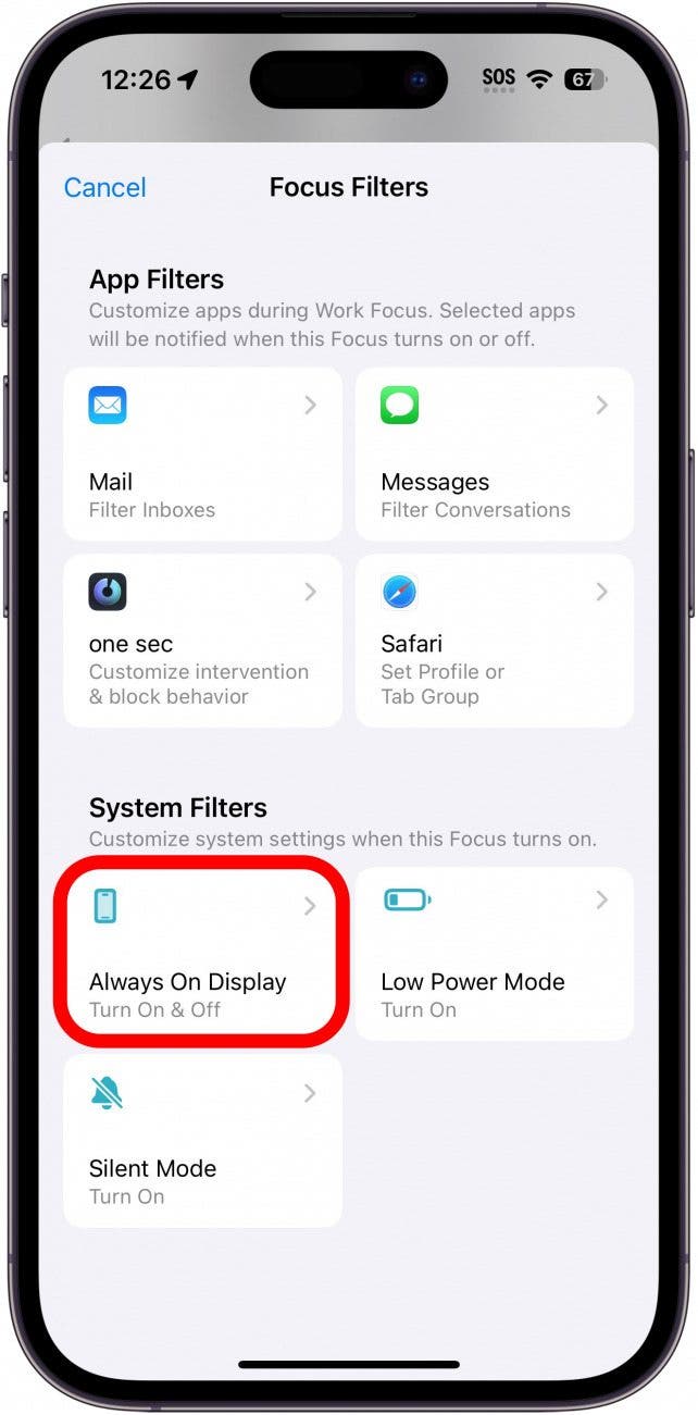 iphone focus filter settings with always on display filter circled in red