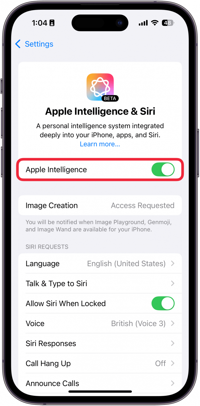 iphone apple intelligence and siri settings screen with a red box around apple intelligence toggle