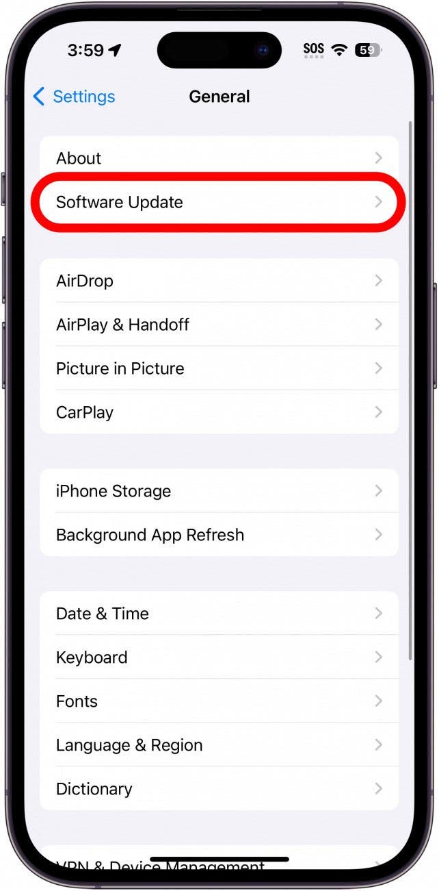 iphone general settings with software update circled in red