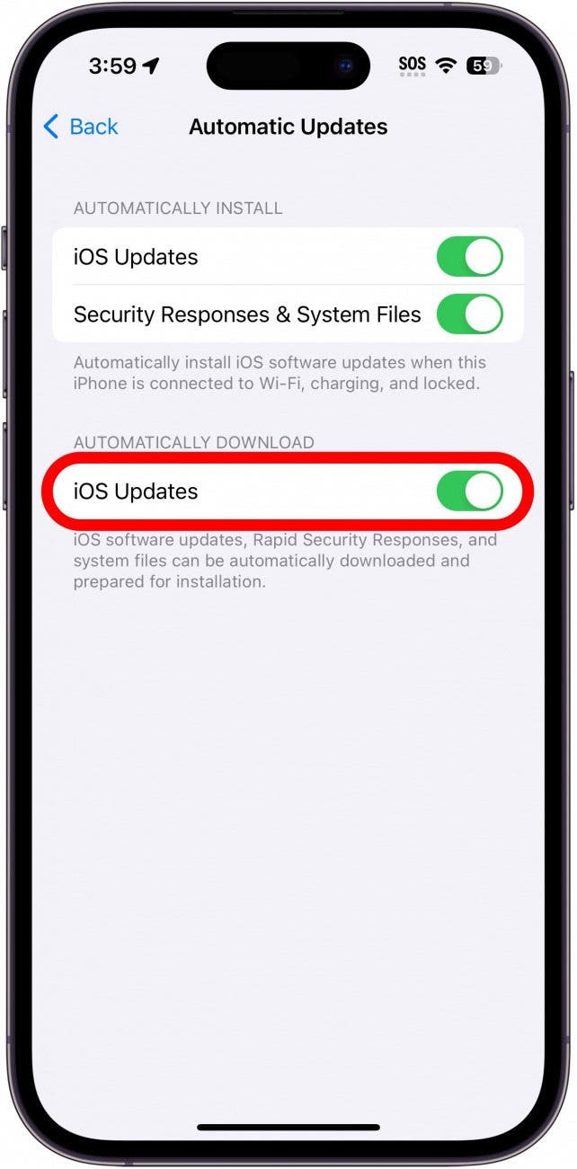 iphone automatic update settings with the ios updates toggle under automatically download circled in red