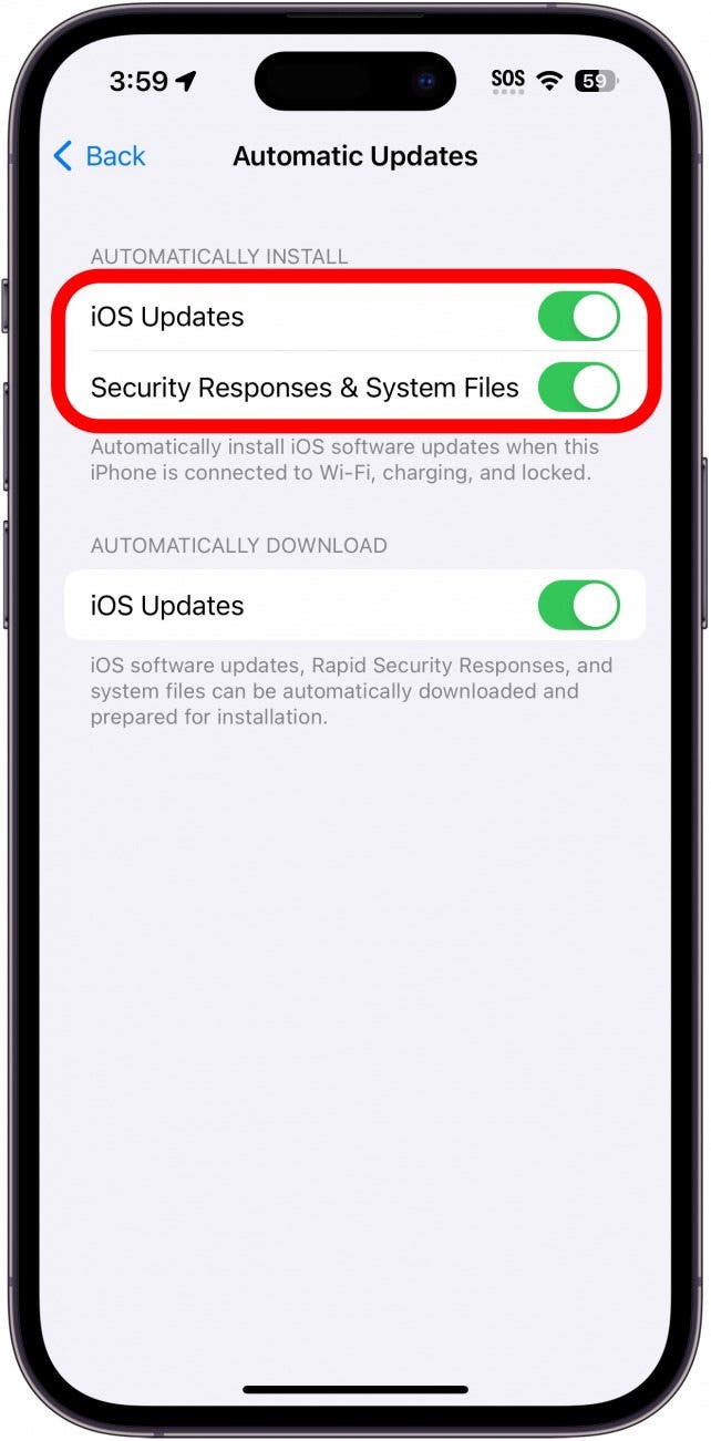 iphone automatic update settings with the ios updates and Security Responses & System Files toggles under automatically install circled in red