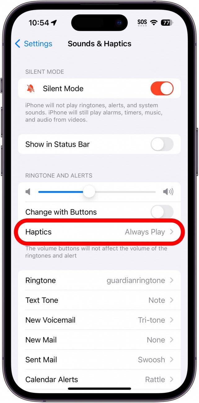 iphone sounds and haptics settings with haptics circled in red