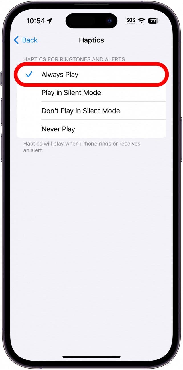 iphone haptics settings with always play circled in red