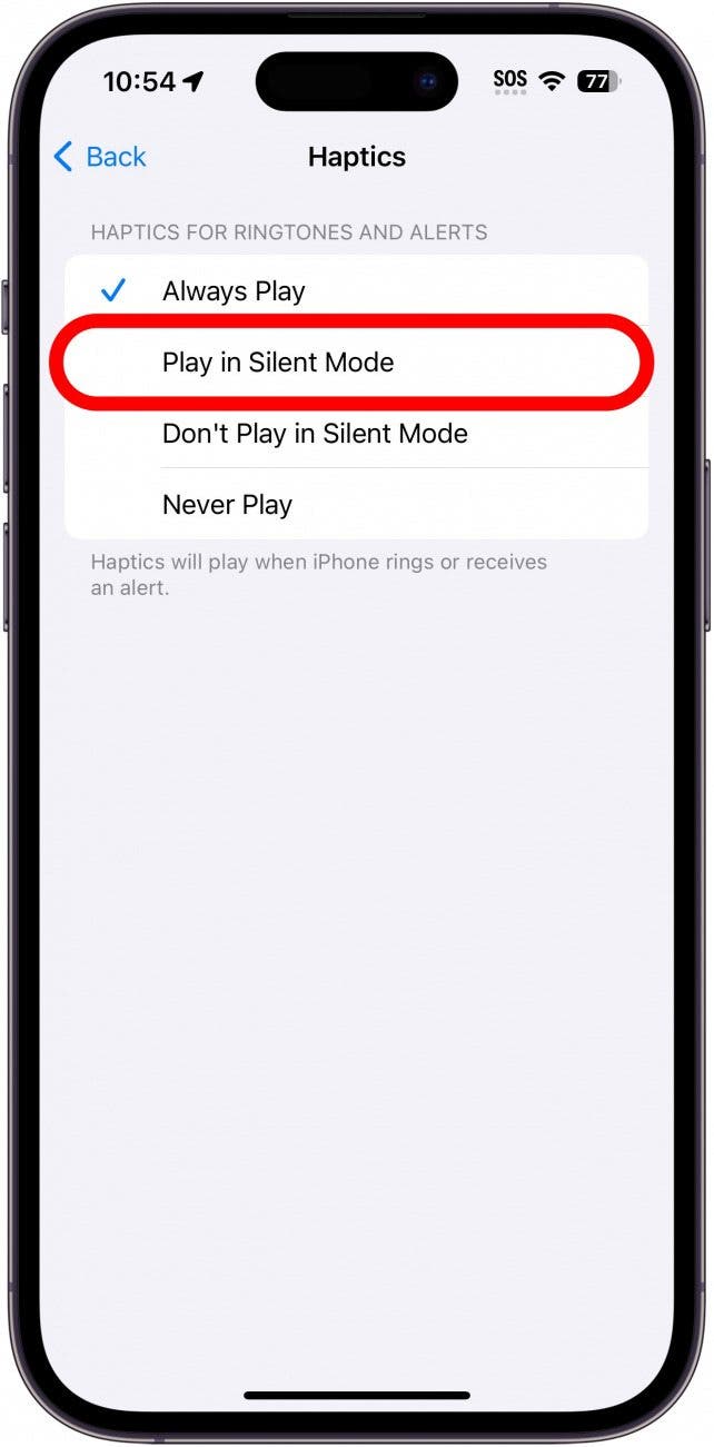 iphone haptics settings with play in silent mode circled in red