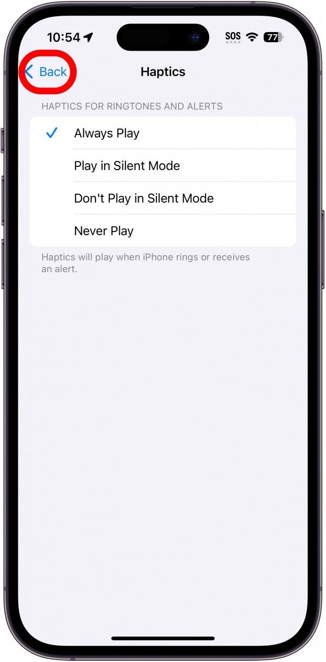 iphone haptics settings with back button circled in red