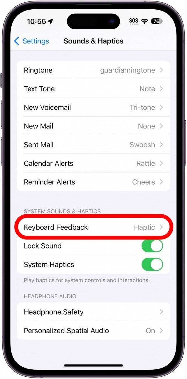 iphone sounds and haptics settings with keyboard feedback button circled in red