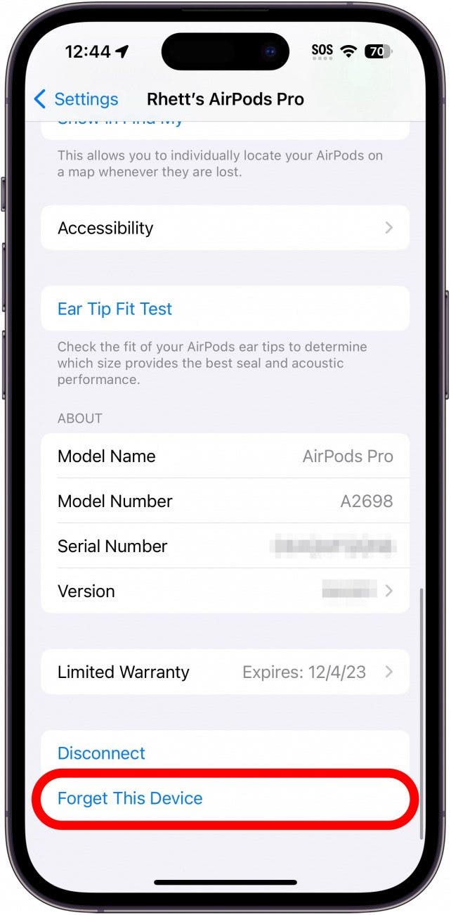 iphone airpods settings with forget this device circled in red