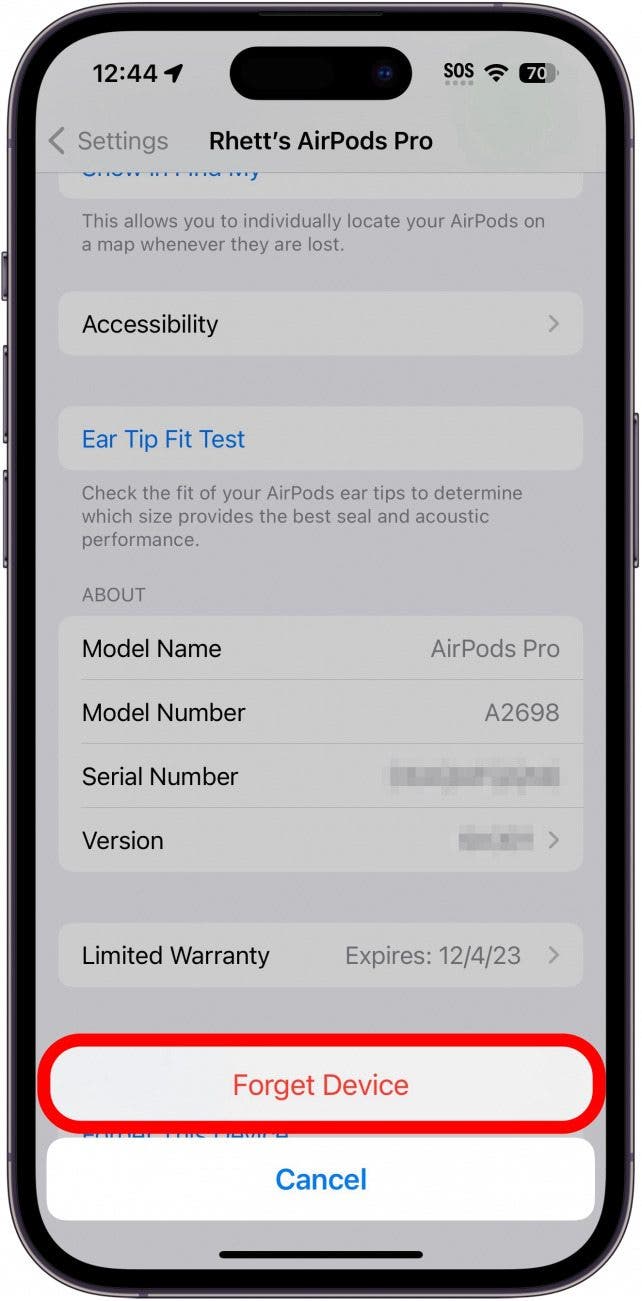 iphone airpods settings with forget device confirmation dialogue circled in red