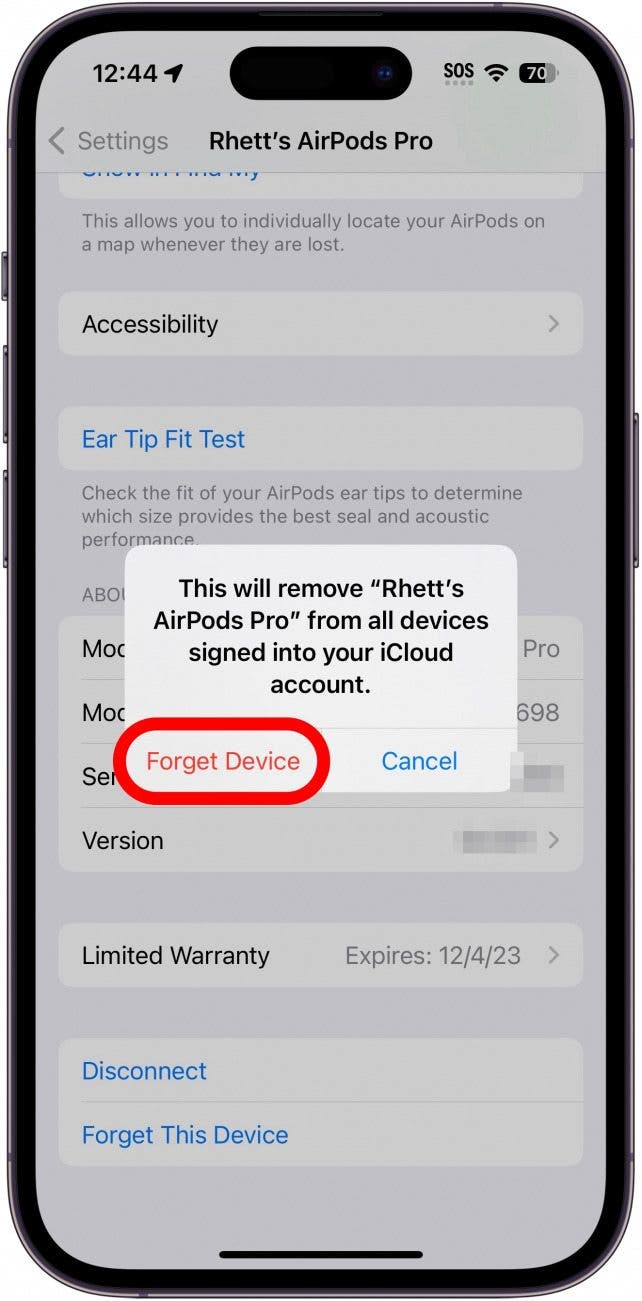 iphone airpods settings showing forget device confirmation window with forget button circled in red